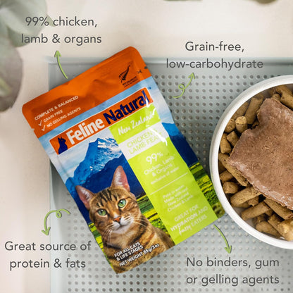 Feline Natural Wet Cat Food Pouch - Chicken & Lamb Feast, Grain-Free, Cage-Free & Grass-Fed, New Zealand Made, Single Serve Pate, 3oz, 12 Pack