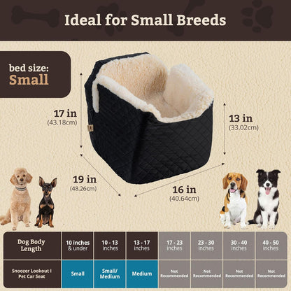 Snoozer Lookout I Car Seat - Dog Car Seats for Small Dogs, Puppy Booster Bed for Small Sized Pets up to 18 Lbs, Elevated, Washable - Size S, Black Quilted