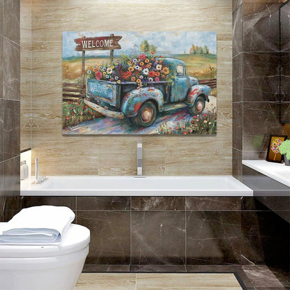Farmhouse Truck Wall Art Rustic Country Wildflowers Wall Decor Road Flowers Landscape Pictures Canvas Print Painting Artwork for Bathroom Living Room Bedroom 16"x24"