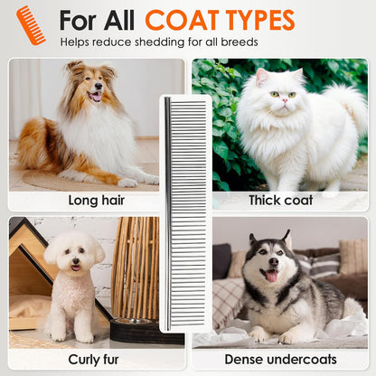 Dog Comb to Remove Tangles and Knots, Cat Comb with Stainless Steel Teeth and Non-Slip Handle, Dog combs for grooming matting for Long Haired Pets (Large & Small)