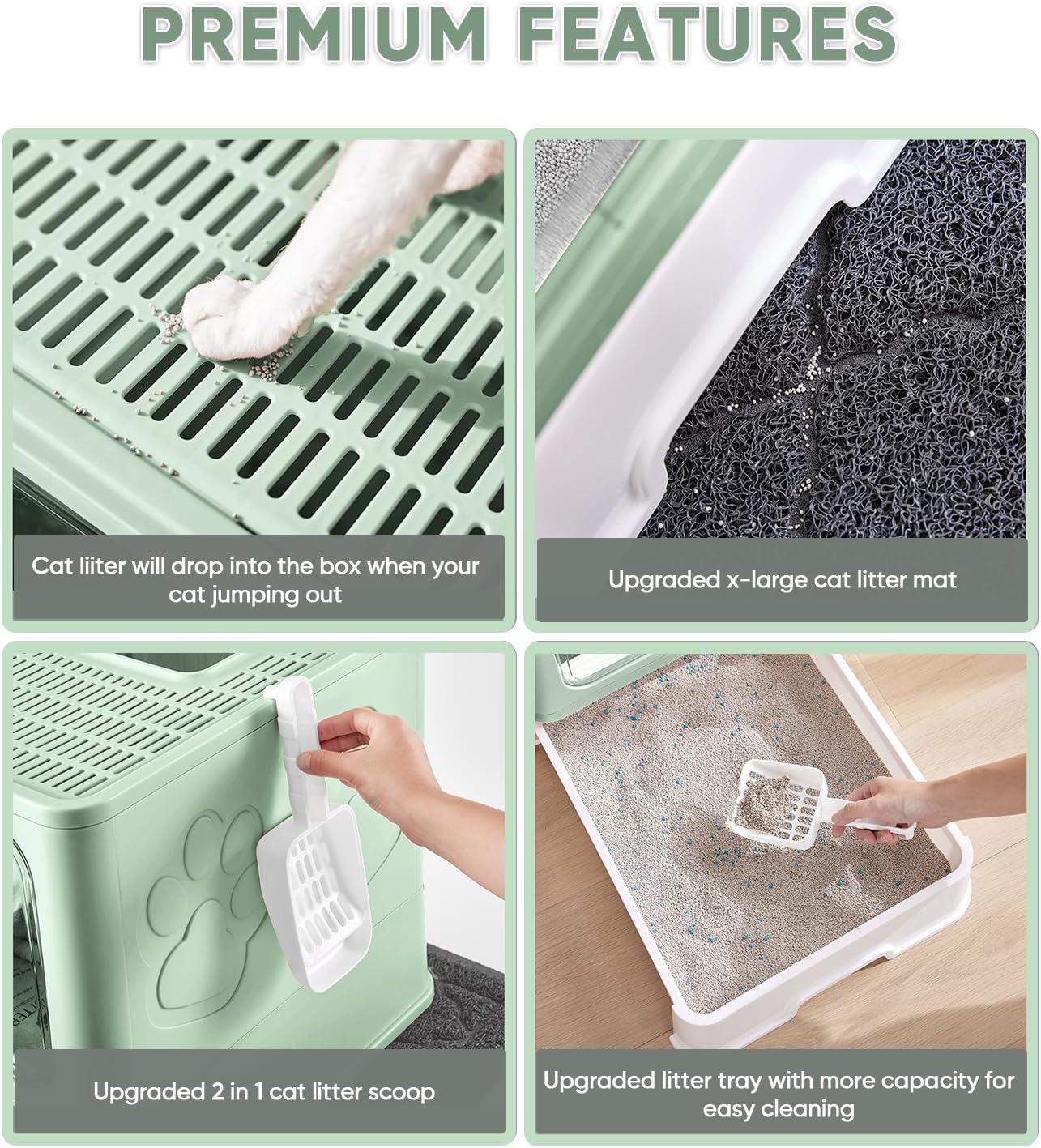 Cat Litter Box with X-Large Litter Mat and Scoop, Large Foldable Litter Box with Lid, Enclosed Kitty Box,Front Top Entry Exit, Odor Control Easy to Clean (Upgrade Green)