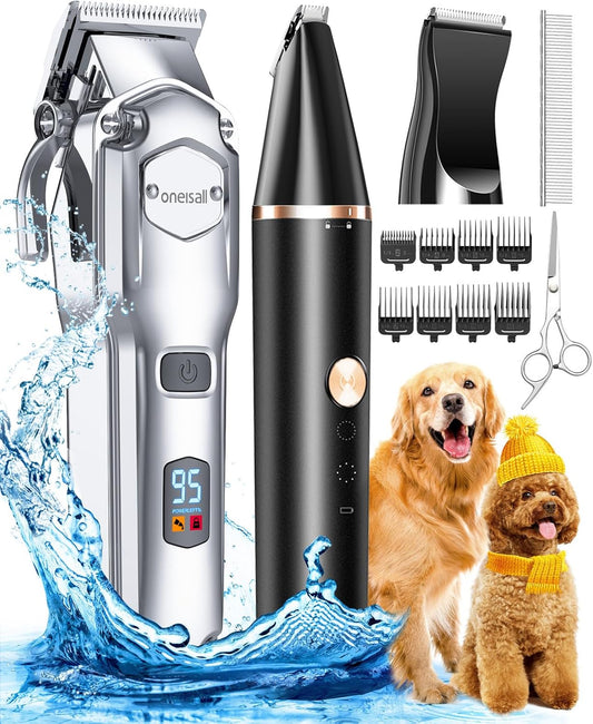 oneisall Dog Grooming Kit for Heavy Thick Hair&Coats/Low Noise Rechargeable Cordless Waterproof Dog Clippers for Grooming Animals&Pets/Pet Shaver with Stainless Steel Blade and Paw Trimmer