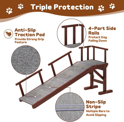 Onelike Wooden Dog Ramp for Bed with Removable Side Rail and Non-Slip Carpet, Stable Pet Ramp Stair for Couch Sofa for Small & Large & Senior Dogs, 60" Long Ramp Brown