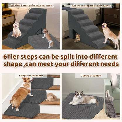 Dog Stairs & Steps Ramps for High Beds 30 inches High Tall, LitaiL 6 Step Pet Stairs Steps for Small Large Dogs, Non-Slip Dog Ramps with 3 Pack Ramps for Staircase