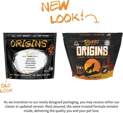 Origins 5-in-1 Dog Supplement - Powdered Food Topper w/Natural Omega 3 Fish Oil - Supports Healthy Digestion, Skin, and Coat - Helps Reduce Itching & Joint Inflammation (2 lbs)
