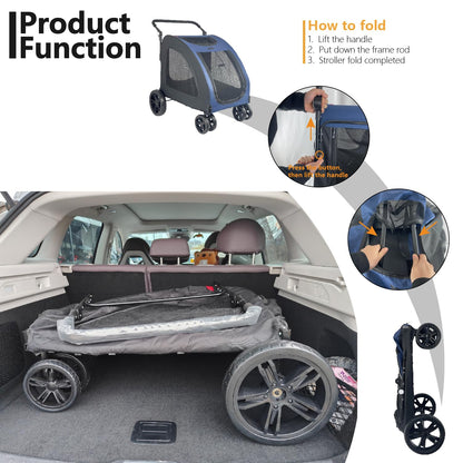 Extra Large Dog Stroller for Medium & Large Pets - Foldable Design, Adjustable Handle, Up to 130 lbs(Red)