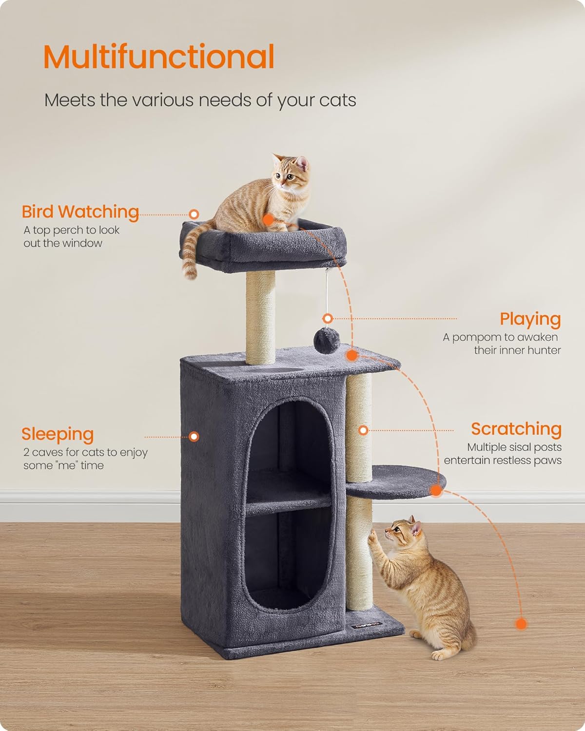 Feandrea Cat Tree Tower with 2 Caves for Multi-Cat Households, Kittens, Scratching Posts, Dark Gray UPCT005G02