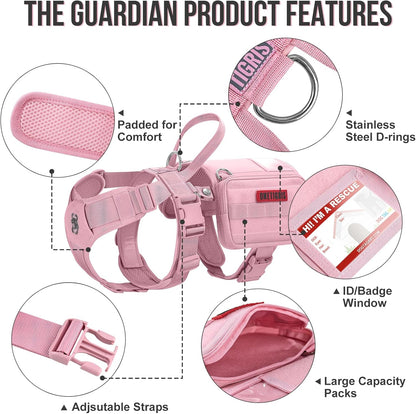 OneTigris Service Dog Vest Harness, Service Dog Cape Guardian Dog Backpack Harness with Pouches Dog Saddle Bag for Small Medium and Large Dogs (Pink, M)