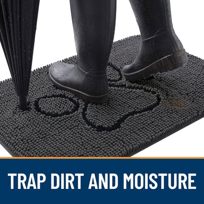 OLANLY Door Mat for Muddy Dog Paws 48x30, Absorbent Chenille Doormat with Paw Print Design, Non-Slip Washable Doormat for Indoor Entryway, Quick-Dry Pet Bed Mats for Dirty Dogs, Dark Grey and Black