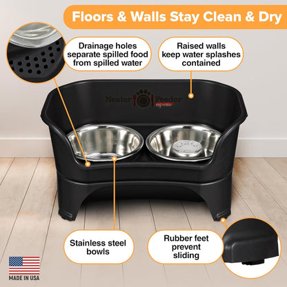 Neater Feeder - Express Model w/ Slow Feed Bowl - Mess-Proof Dog Bowls (M/L, Black) Made in USA – Elevated, No Spill, Non-Tip, Non-Slip, Raised Stainless Steel Food/Water Pet Bowls Aid Digestion