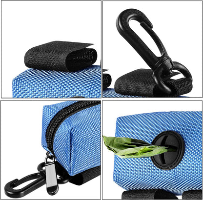 Dog Waste Bag Dispenser Pet Poop Bags Holder for Doggie Waste Bags Dispensers Soft Fabric Zipper Small Doggy Puppy Pouch for Leash Accessory Attachment with Carrier,Blue