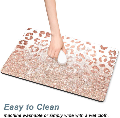 Rnivvi Dog Food Mat, 12" x 19" Leopard Absorbent Dog Cat Bowl Mat for Food and Water, Cute Anti-Slip Rubber Pet Feeding Rug Protect Floors, Puppy Placemat for Feeding & Watering Supplies, Rose