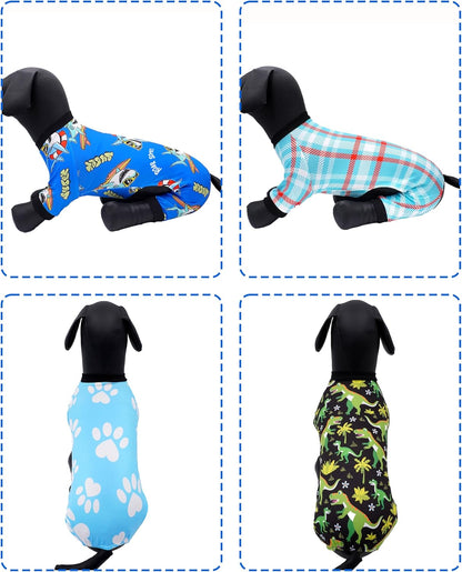 PET SHOW 4 Pack Small Dog Pajamas for Medium Dogs Boy Dinosaur Shark Soft Stretchy PJs Plaid Jumpsuit Puppy Cats Paw Onesies Outfits with Sleeve Pets Breathable Summer Clothes Costume L