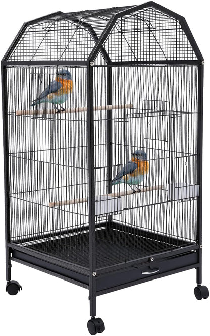 40-Inch Wrought Iron Bird Cage with Open-Top and Rolling Stand, Movable Parrot Cage Pet Bird Flight Cage, 360 Degree View Spacious Interactive Roof Pet Bird House for Medium&Small Birds