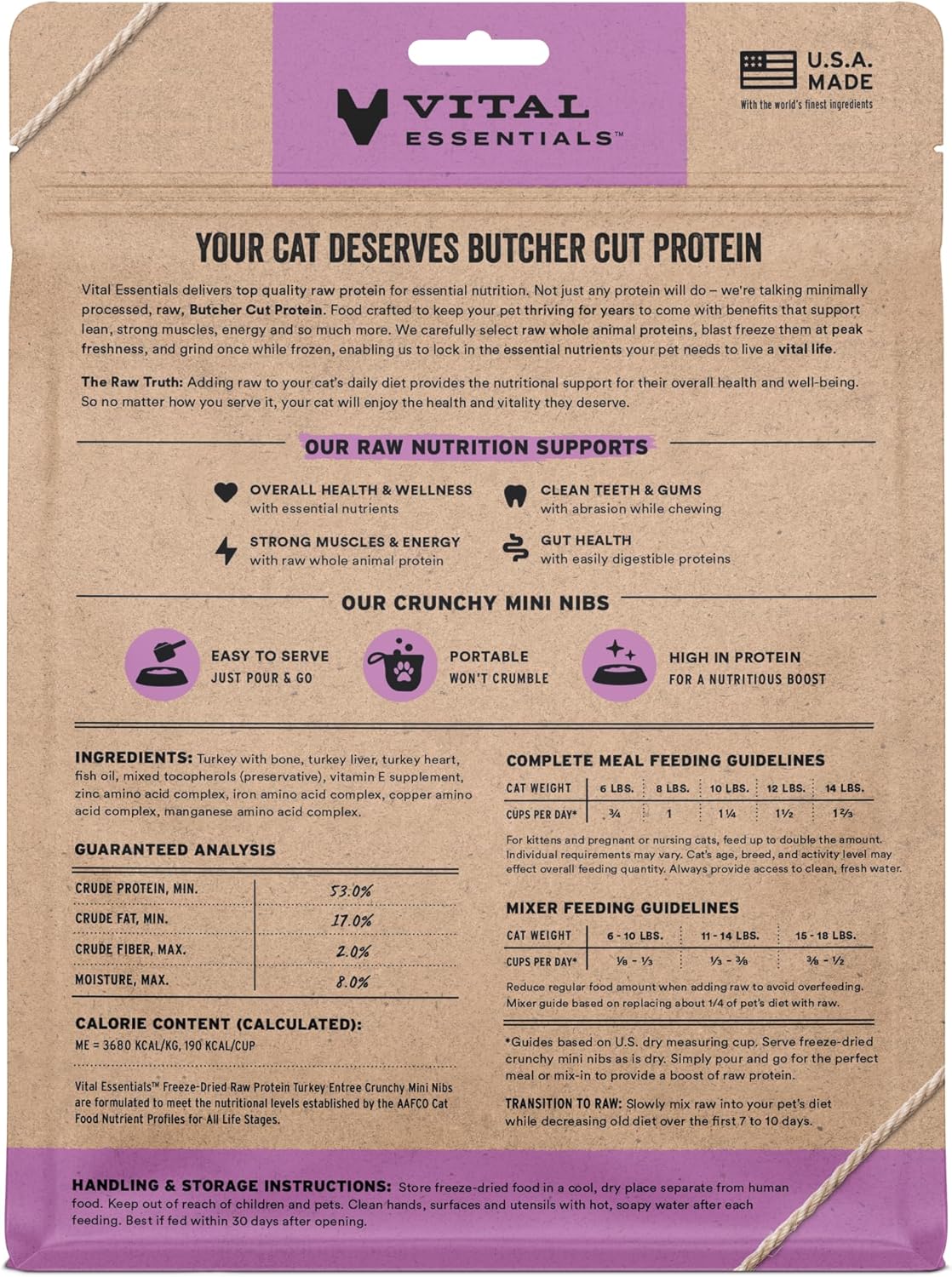 Vital Essentials Freeze-Dried Raw Turkey Meal or Mixer Cat Food Crunchy Nibs, 8 oz