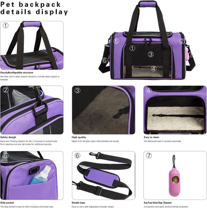 Cat Carrier Dog Carrier Pet Carrier Cat Bags for Small Medium Cats Dogs Puppies of 15 Lbs,of Airline Approved Small Dog Bag Soft Sided,Collapsible Travel Puppy Carrier (Large, Purple)