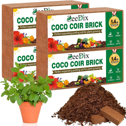 ZeeDix 4 Pcs Premium Coco Coir Brick - 100% Organic Compressed Coconut Coir Starting Mix, Coco Fiber with Low EC and PH Balance for Gardening, Potting Soil, Herbs