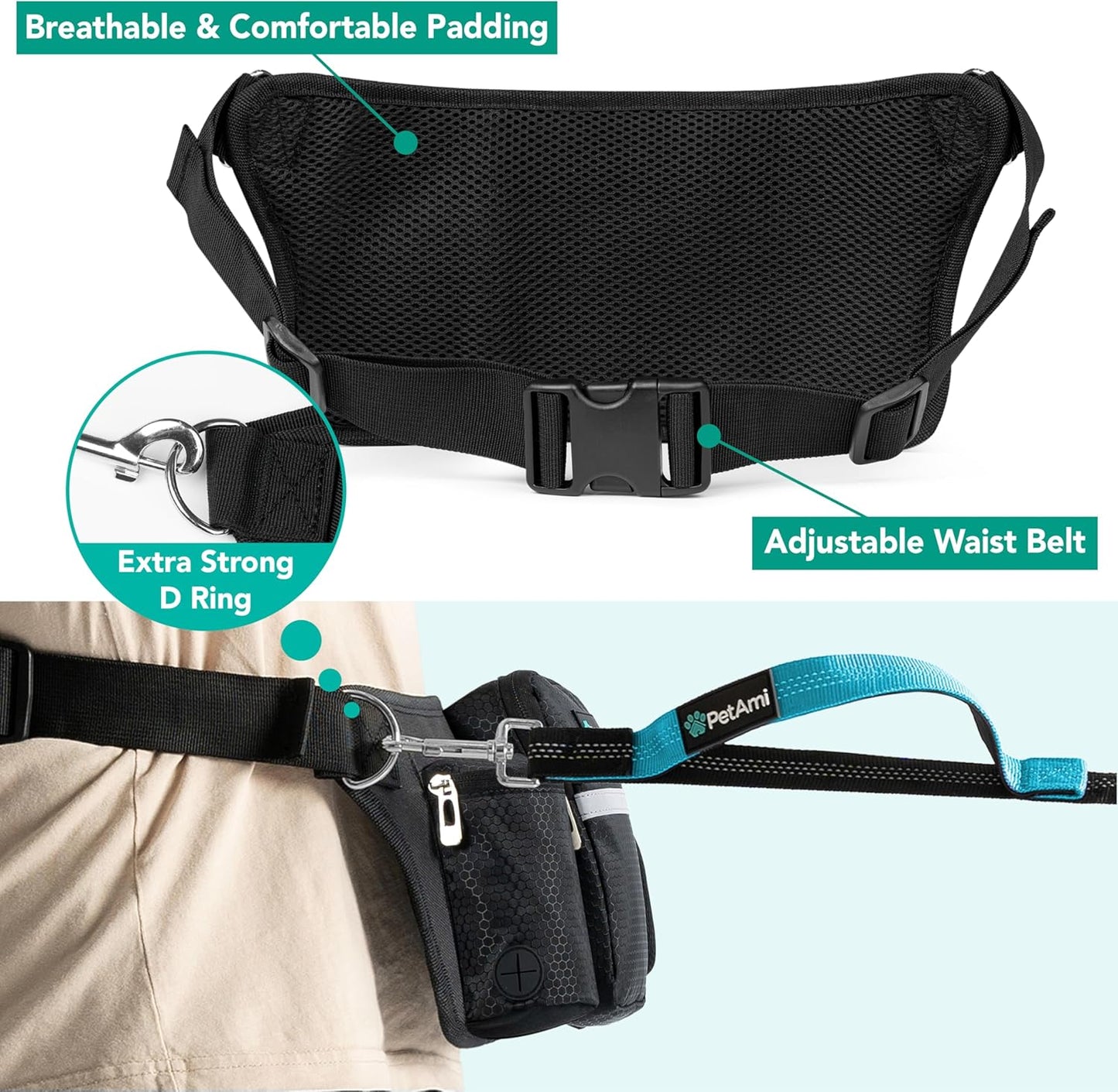 PetAmi Premium Hands Free Dog Leash for 2 Dogs, Adjustable Waist Belt Leash for Dog Walking, Fanny Pack Accessories Bag Dual Bungee Leash for Running, Hiking, Jogging, Biking, Black