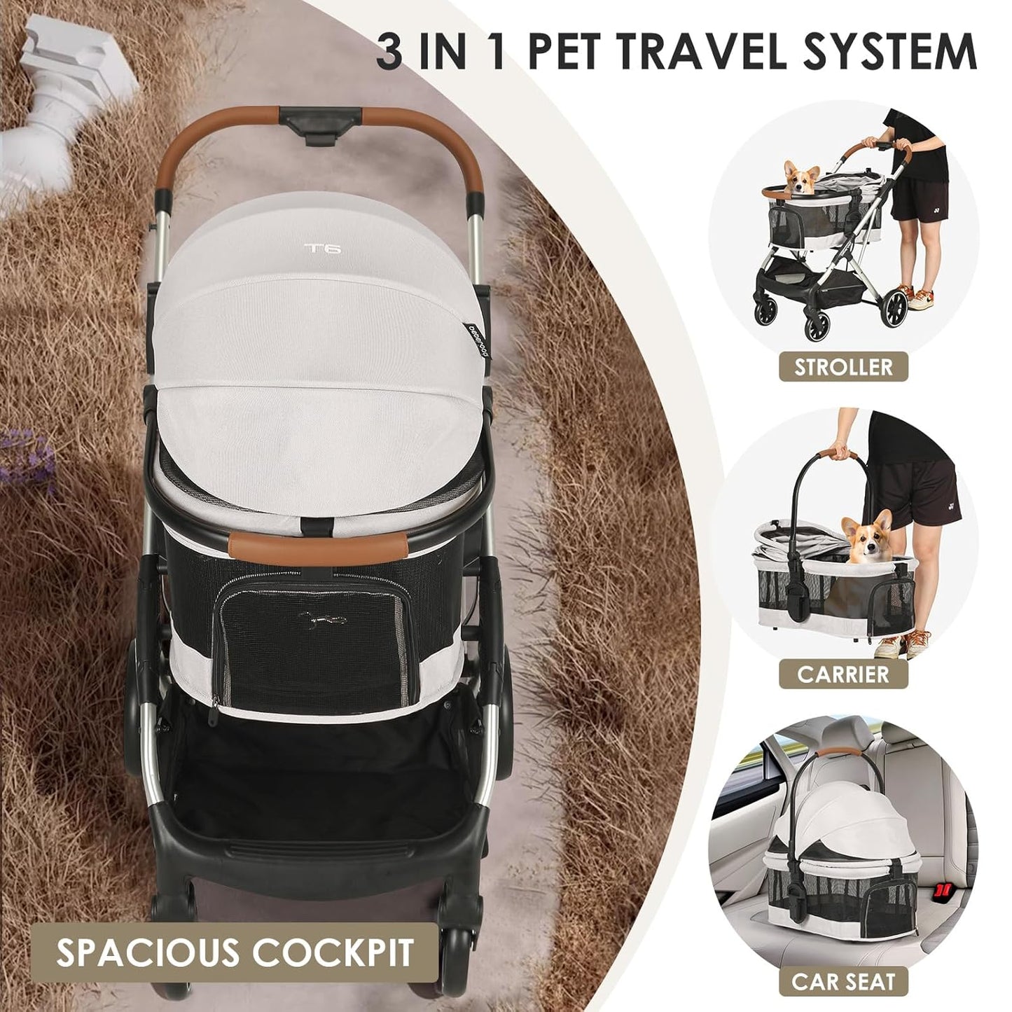 T6 Luxury Pet Stroller for Medium Dogs Up to 66lbs or 2 Small Pets – 3-in-1 Dog & Cat Stroller with Removable Carrier, Foldable & Lightweight (Beige & Net Wall)
