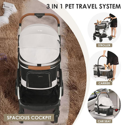 T6 Luxury Pet Stroller for Medium Dogs Up to 66lbs or 2 Small Pets – 3-in-1 Dog & Cat Stroller with Removable Carrier, Foldable & Lightweight (Beige & Net Wall)