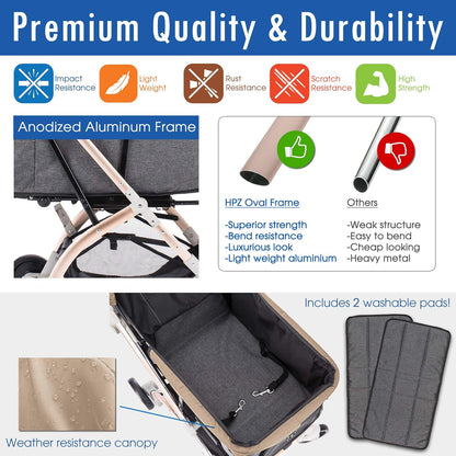 HPZ-PR America Pet Rover Lite Premium Light-Weight Dog/Cat/Pet Stroller Travel Carriage with Convertible Compartment/Aluminum Frame for Small & Medium Pets (Taupe 2nd-Gen.)