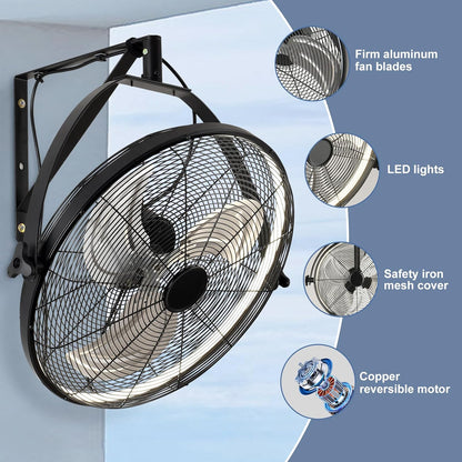 16 inch Wall Mount Fan with Lights and Remote,6-Speed Gazebo Ceiling Fan Adjustable Tilt Dimmable Wall Fan,High Velocity Industrial Outdoor Fans for Patio,Garage,Commercial,Black