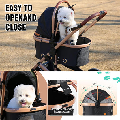 EchoSmile 4 in 1 Pet Stroller, Folding Lightweight Cat & Dog Stroller with Detachable Carrier, NO-Zip 180° Reversible Canopy, All Terrain 4-Wheel,45 lbs Capacity for Small to Medium Dogs
