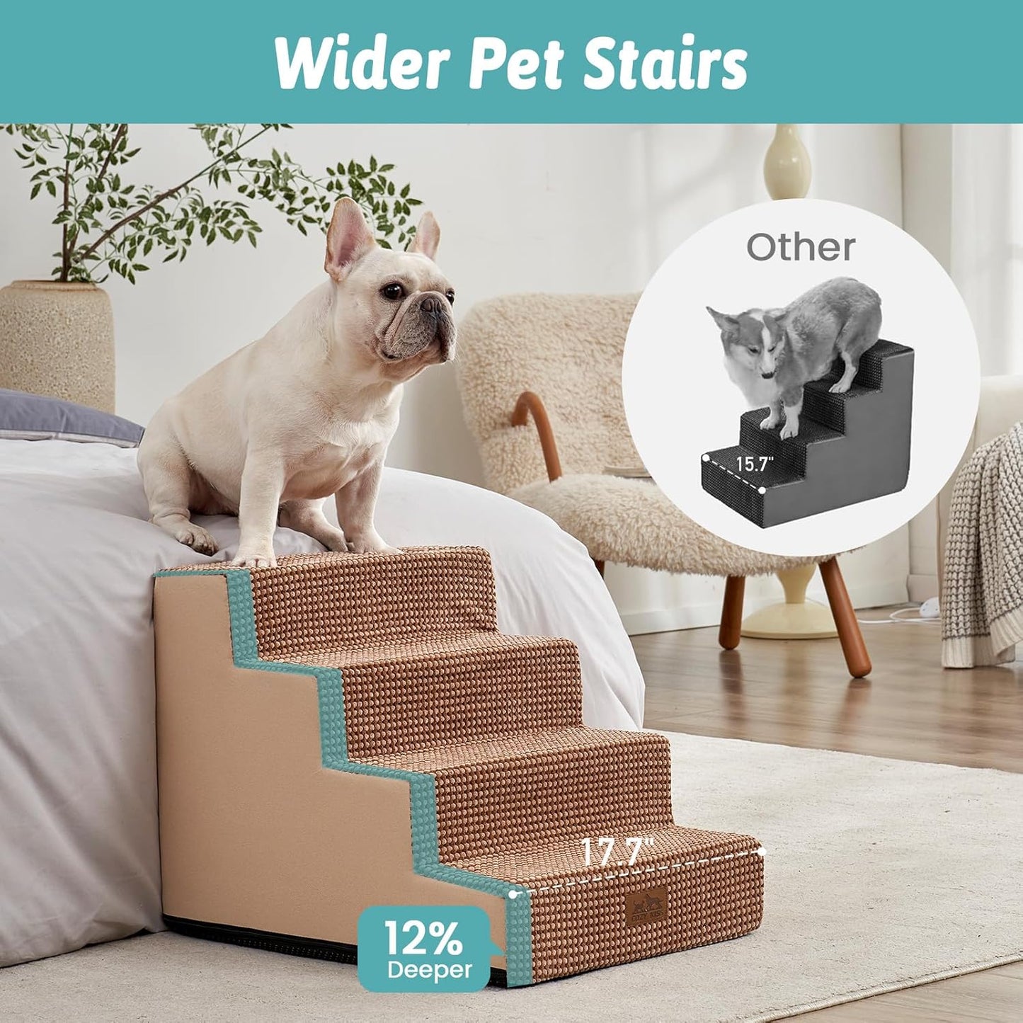 Dog Stairs for Small Dogs, 4 Tier Wider Pet Stairs for Couch and Beds, 17.7" H Non-Slip Dog Steps for Old Cats, Puppy, Small Medium Dogs, 17.7x23.6x17.7 inch, Light Brown