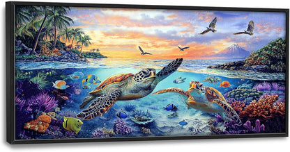 Framed Large Sea Turtle Wall Art for Living Room, Oversized Ocean Turtle Wall Decor Seascape Underwater Marine Life Canvas Painting Home Decoration for Living Room Bedroom Office 60"x30"