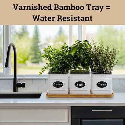 Herb Planter Indoor - 3 Iron Herb Pots with Drainage Holes, Varnished Bamboo Tray, Customizable Labels & Marker Pen - Indoor Herb Garden Planter - 3 Pots for Herbs - Inside Spice Garden - Basil Pot