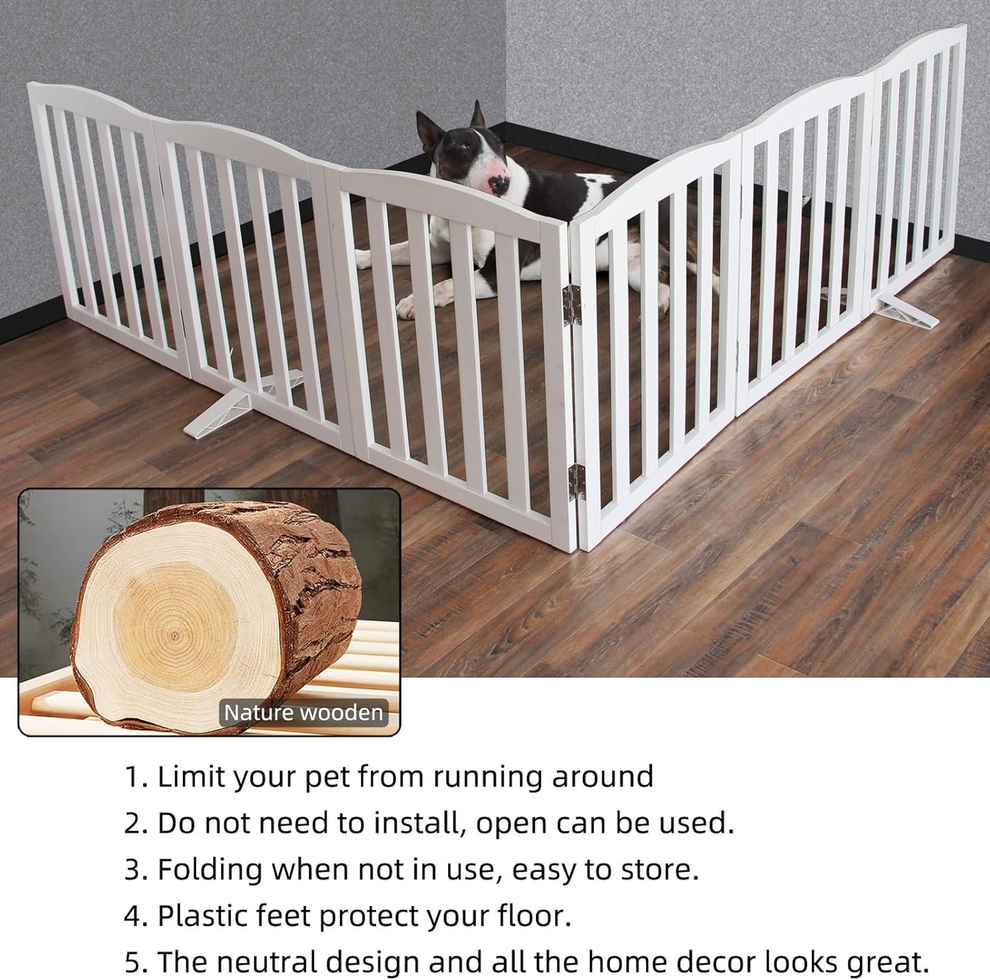 ZJSF Foldable Freestanding Indoor Dog Gate for House Wood White Long Pet Gates Dog Fence for Stairs Puppy Gates for Hallways,Pet Fence, Puppy Gate,Support Feet Included 24 "Height-6 Panels
