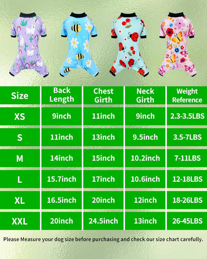 PET SHOW 4 Pack Small Dog Pajamas Spring Dog Clothes for Medium Dogs Girl Boy Soft Stretchy PJs Bee Ladybug Jumpsuit Puppy Cats Floral Onesies Outfits with Sleeve Pets Dachshund Costume(L, Spring)