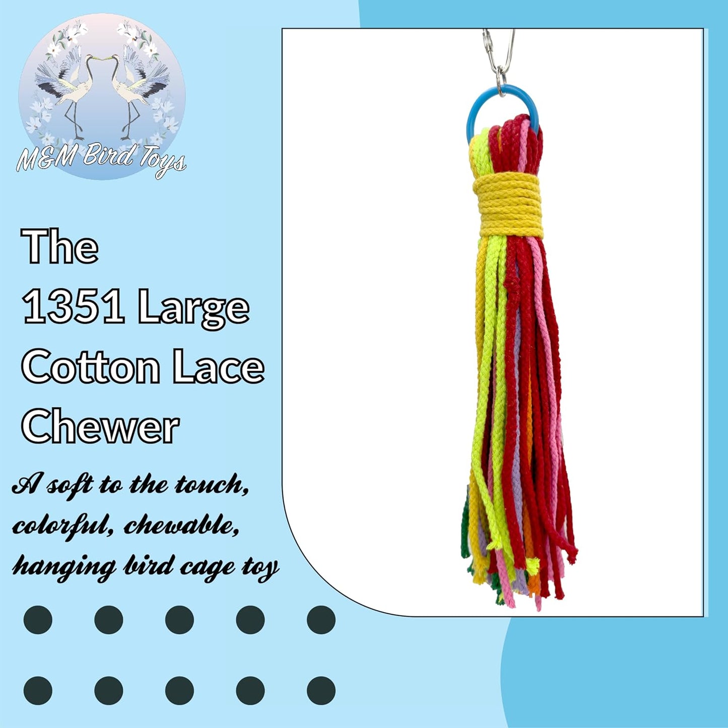 1351 Large Cotton Lace Chewer Bird Toy – Colorful Shredding and Foraging Toy for Parrots, Conures, Cockatiels, and Macaws – Safe and Durable Hanging Bird Toy – Natural Cotton Colorful Rope