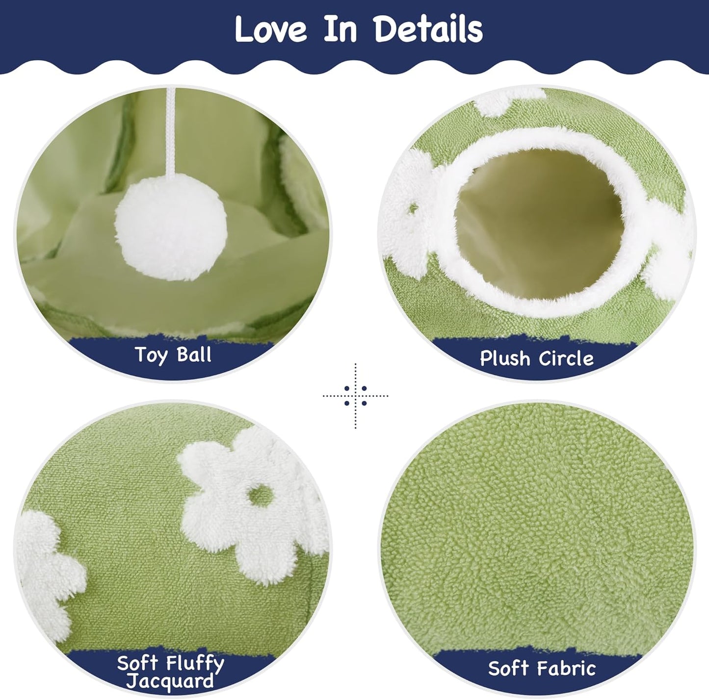 Tempcore Flannel Pet Cat Tunnel Tube Cat Toys 3 Way Collapsible, Cat Tunnels for Indoor Cats，Kitty Tunnel Bored Pet Toys Peek Hole Toy Ball Puppy, Kitty, Kitten, Rabbit Daisy Green