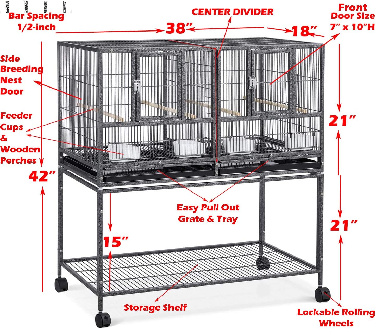 1/2/3-Combo Stacker Center Divided Breeder Breeding Bird Flight Double Rolling Cage for Aviaries Canaries Cockatiels Lovebirds Finches Budgies Small Parrots (Black Vein, One Stacker)