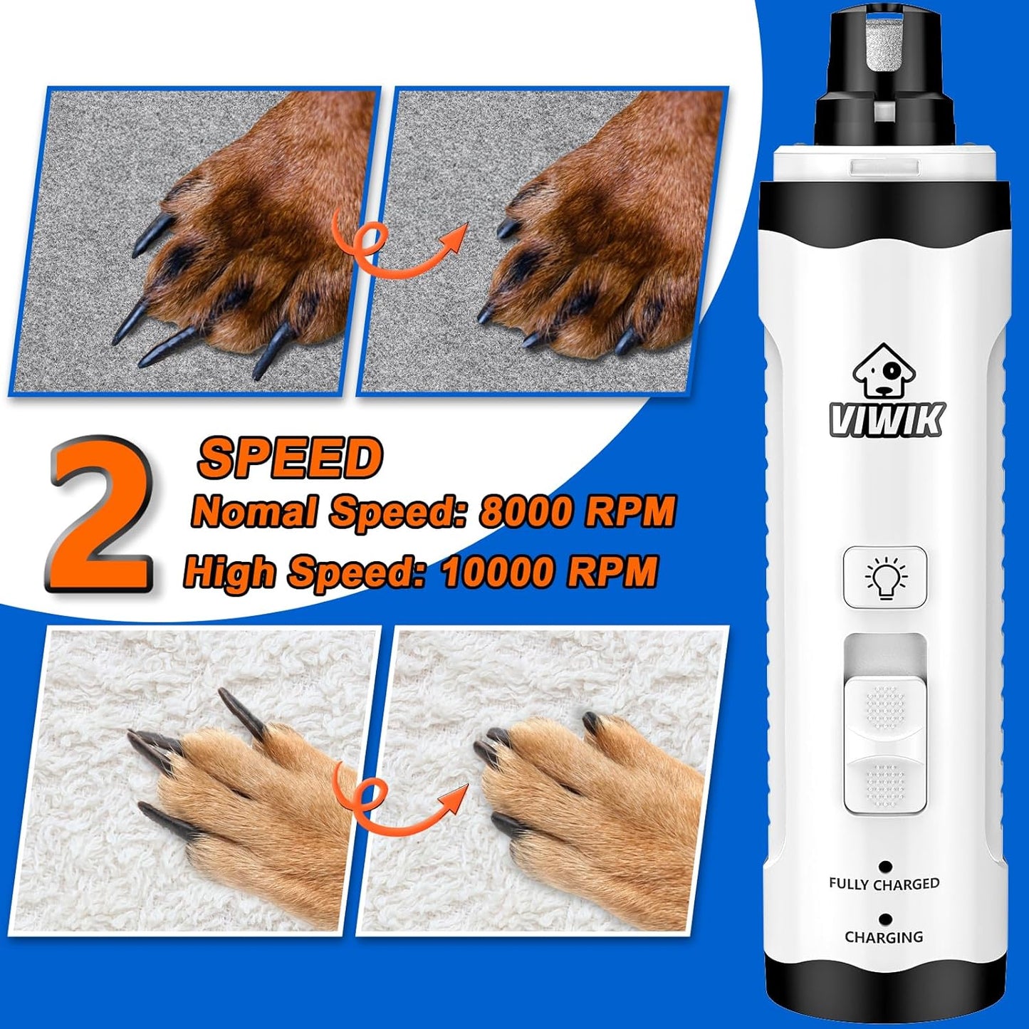 VIWIK Dog Nail Grinder with 2 LED Light, Dog Nail Trimmers, Quiet Dog Nail Clippers Kit for Large Medium Small Dog's Paw & Cat's Claw, Electric 2-Speed Pet Toenai Grinder, Gifts for Dog Lovers