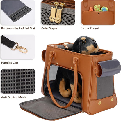 Fashion Pet Carrier Purse for Small Cat and Dog, Luxury Pu Soft-Sided Tote Bag with Large Pockets for Dogs and Puppies (Brown, 15.8" L x 7.5" W x 11.8" H)
