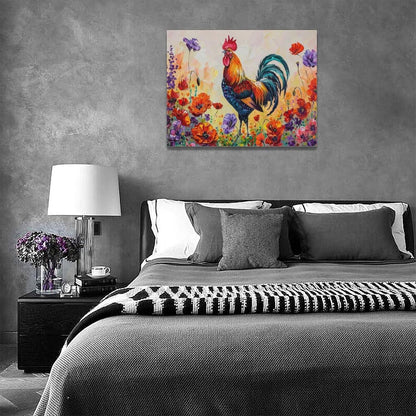 Rooster Wall Art Flower Poppy Canvas Living Room Pictures Framed Prints Colorful Floral Large Wall Decor Animal Painting Artwork for Bedroom Dining Home 16"x12"