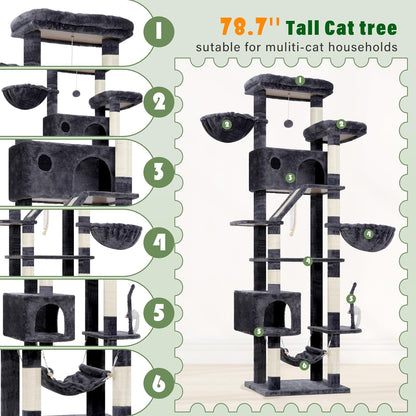 Cat Tree for Large Cats, 78.7"(200cm) Tall Cat Tower for Indoor Cats Multiple Cats with Large Top Perch, Cat Condo, Cat Hammcok, Cat Scratching Post, Dark Gray GCT031G