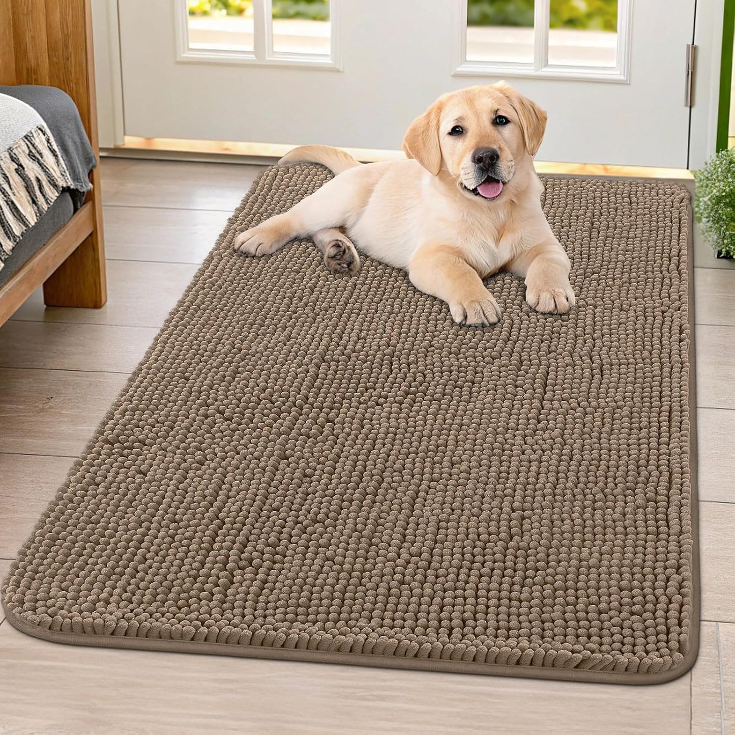 Smiry Dog Door Mat for Muddy Paws 40x32, Absorbs Moisture and Dirt Doormat, Non-Slip Washable Quick Dry Chenille Front Door Mat Indoor Entrance, Entryway Carpet for Inside Floor, Camel