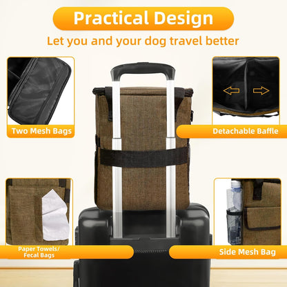 Dog Travel Bag for Camping - Pet Travel Accessories with 2 Collapsible Bowls, 2 Food Containers & Waterproof Feeding Mat - Portable Dog Carrier, Coffee (Small)