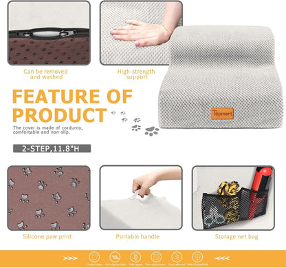 Topmart High Density Foam Pet Steps 2 Tiers,11.8" High,Non-Slip Dog Stairs,Soft Foam Dog Ramp Ladder,Best for Injured,Older Cats,Pets with Joint Pain,Suitable for Low Sofas,Stairs,Lower Place