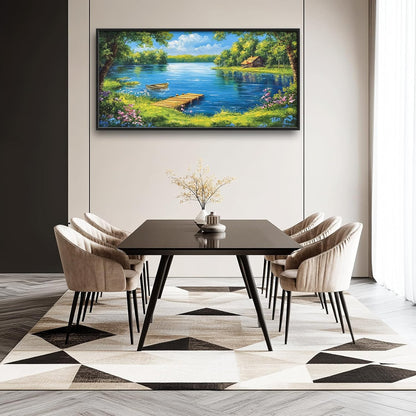 Large Lake Cabin Wall Art for Living Room, Framed Oversized Tree Boat Wildflowers Wall Decor Nature Landscape Canvas Painting Modern Artwork for Bathroom Bedroom Office Dining Room 60"x30"