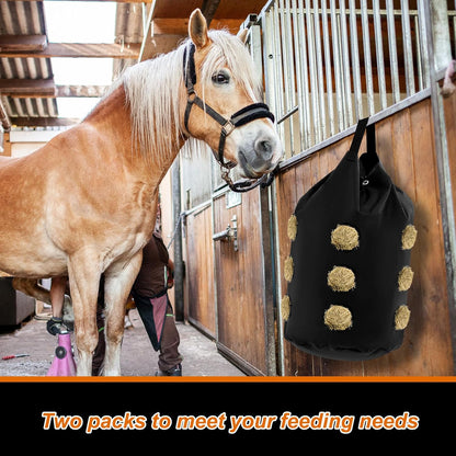 2 Pcs hay Bags for Horses Goats Slow Feed 1680D Oxford Bag Black Large Capacity Net Open Feed Hole Hay Holder for Horse Goats Sheep(15 Holes)