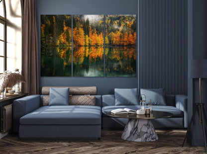 Nature Wall Art Prints - Ocean Forest Mountain Lake Canvas Landscapes - Small to Extra Large Living Room Bedroom Kitchen Bathroom Décor (Autumn by the Lake, 47L" x 71W" - 3 panels)