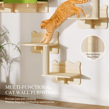 Cat Wall Shelves and Perches, Solid Wood Wall Cat Furniture, Set of 7 Feline Climbing Shelves with Bed, Steps, Scratching Post and Tunnel