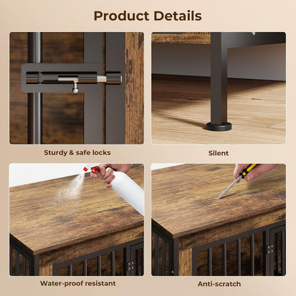 78 Inch Dog Cage Furniture for 2 Large/Medium Dogs with Removable Divider, Extra Large Double Doors Dog Kennel, XXL Thick Wooden Dog cage Furniture, Durable and Sturdy, Brown