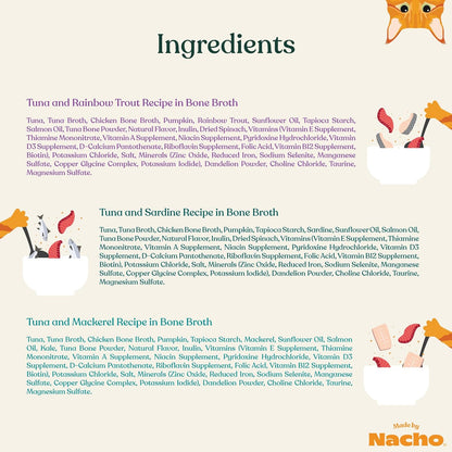 Made by Nacho Flaked Filets Recipe in Bone Broth, Grain-Free Chef's Selects Wet Food for Cats Balanced Diet in Naturally Hydrating Pumpkin-Infused Broth (3.0 oz (Pack of 12), Flaked Fish Variety Pack)