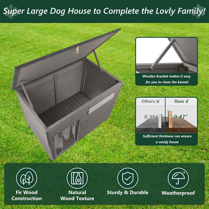 43.3" L Dog House Outdoor for Large Breeds Dogs Anti Chewing Iron Frames Dog Kennel Wooden Pet Houses for Indoor Outdoor with Weatherproof Roof,6 Elevated Feet, Reinforced Bottom Support