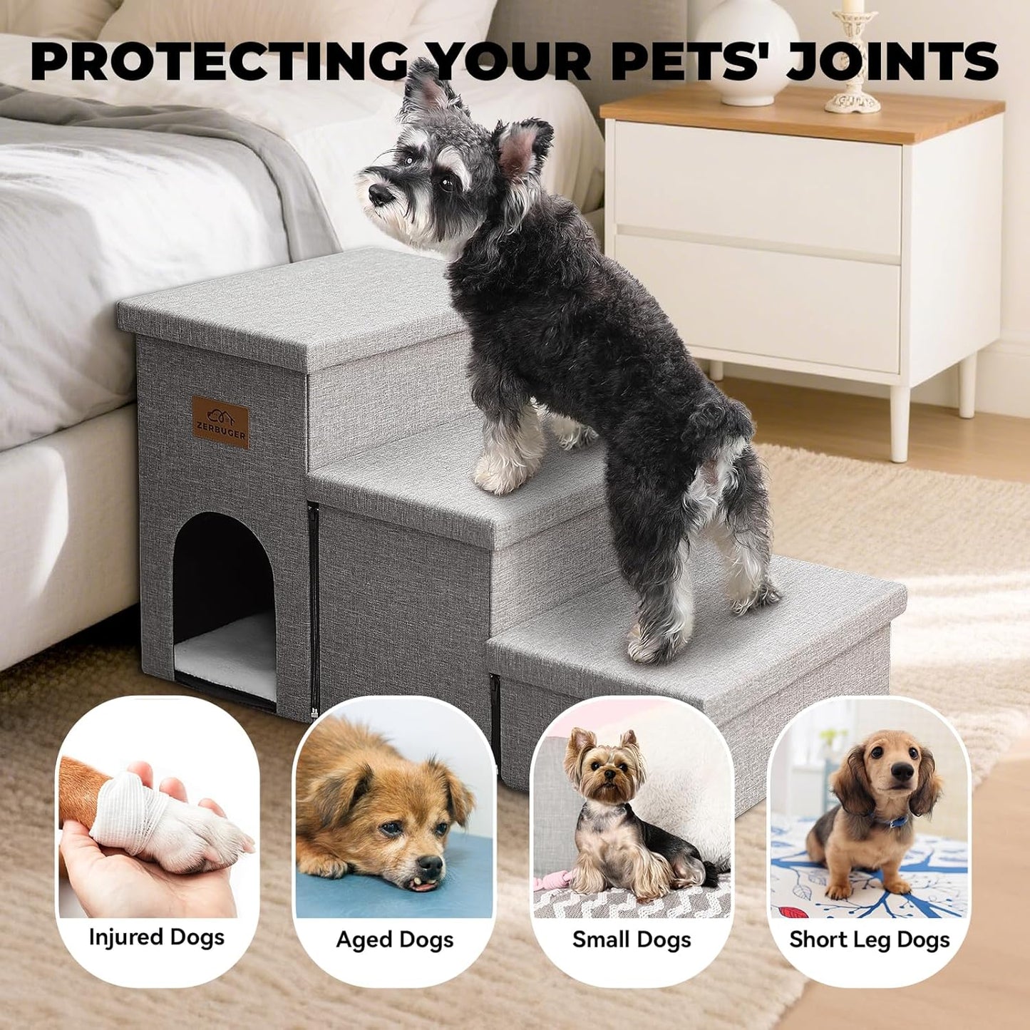 Dog Stairs 18" H, 3-Step Wider Dog Steps for High Beds Couch, Folding Storage Pet Stairs Gift for Small/Medium/Large Old Dogs Cats, Ramp for Climbing Car Up to 200 lbs, (Gray, with Condo)